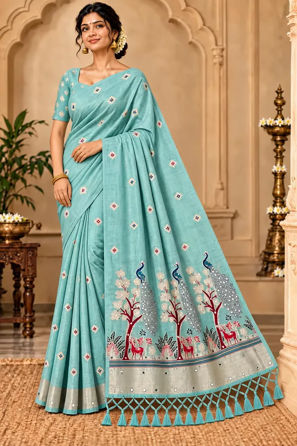 Blue_Printed_Peacock_Border_Saree_For_Women