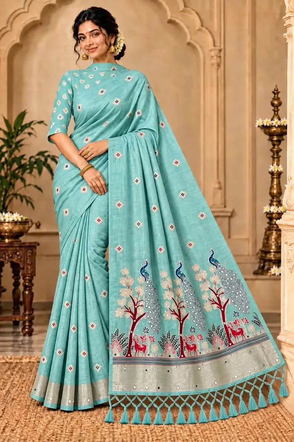 Blue_Printed_Peacock_Border_Saree_For_Women