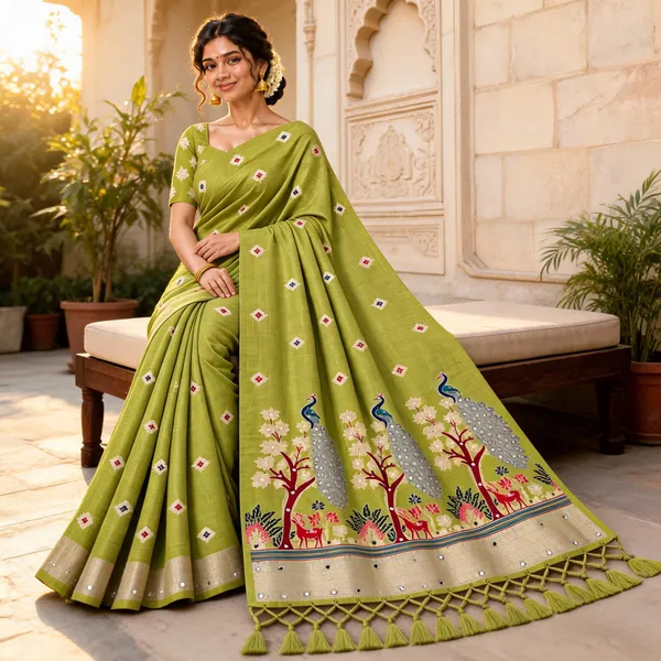 Green_Printed_Peacock_Border_Saree_For_Women