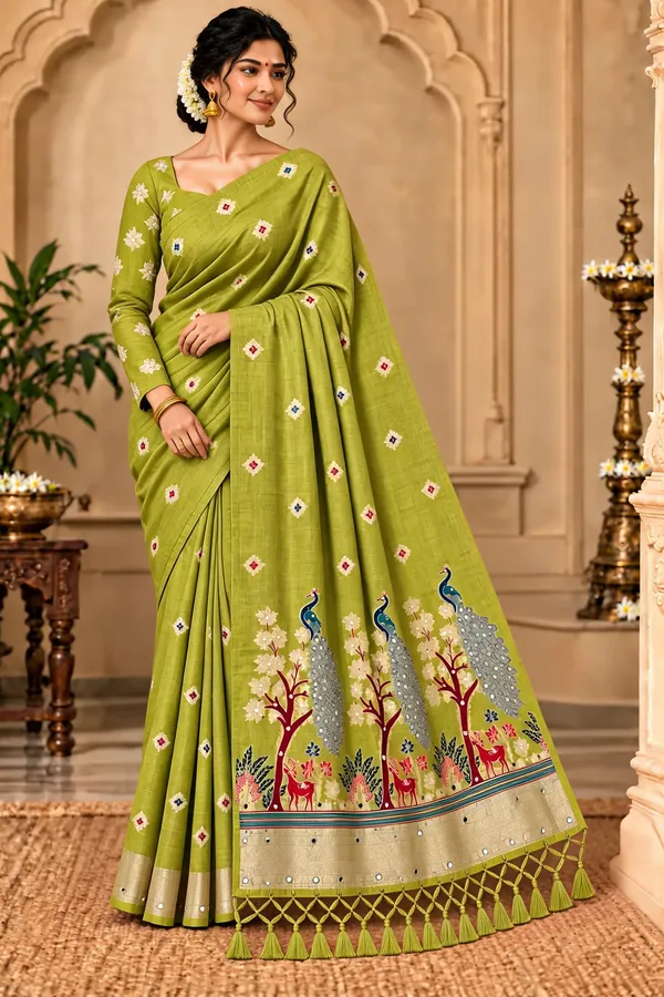 Green_Printed_Peacock_Border_Saree_For_Women