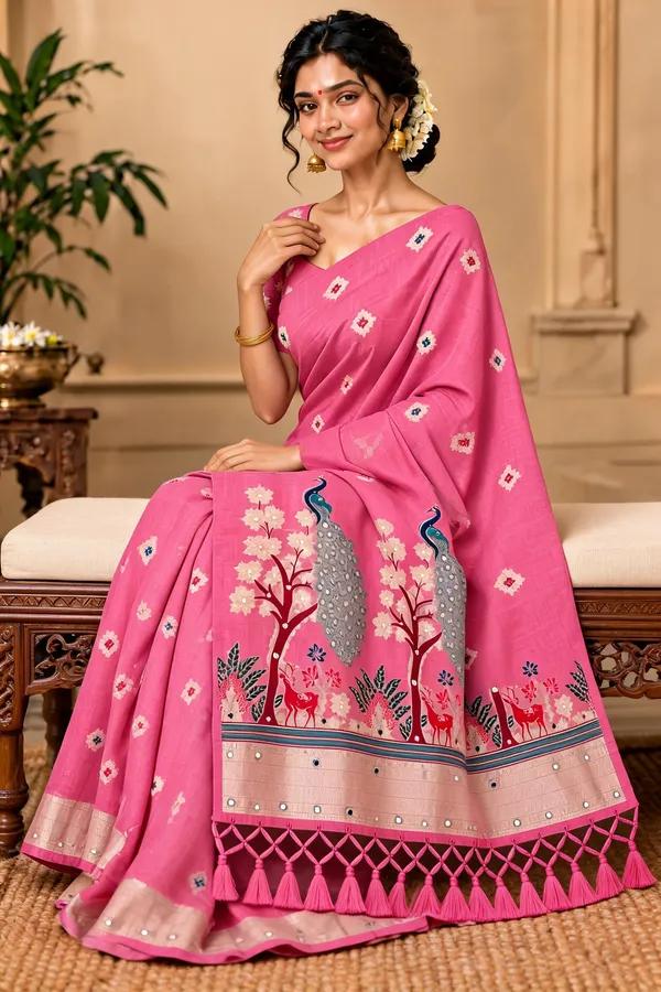 Pink_Printed_Saree_With_Peacock_Border_For_Women