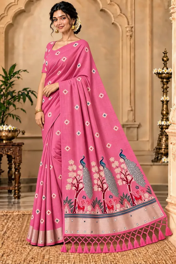 Pink_Printed_Saree_With_Peacock_Border_For_Women