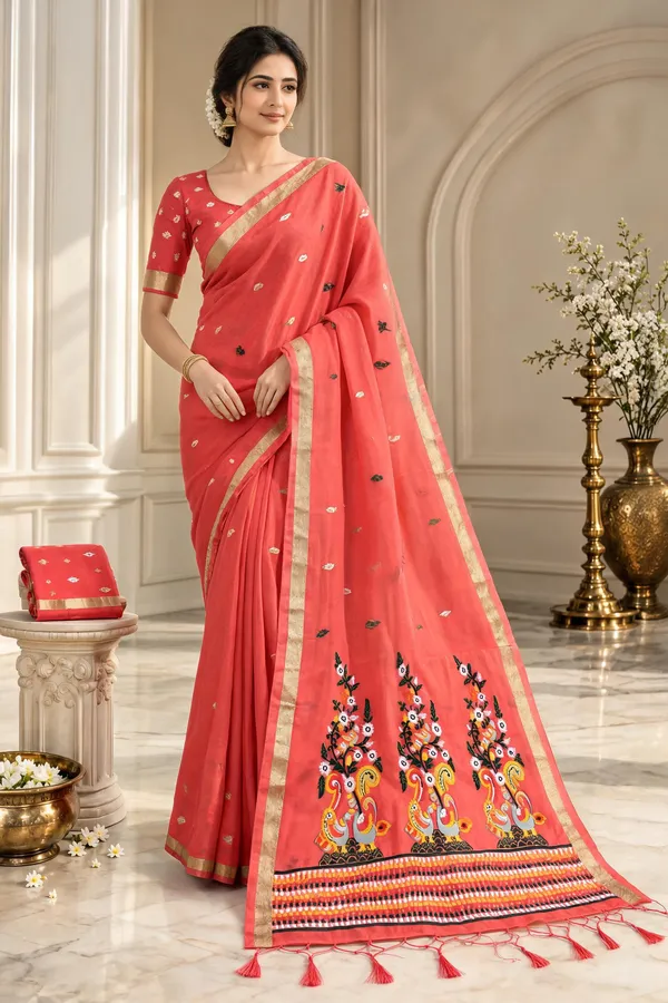 Coral_Printed_Saree_With_Gold_Border_For_Women