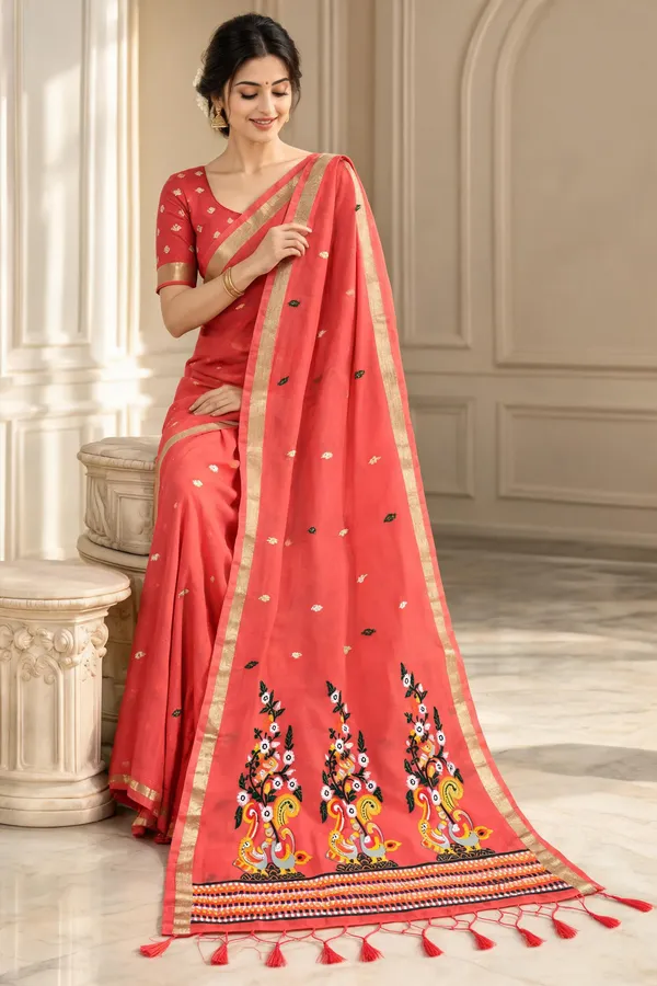 Coral_Printed_Saree_With_Gold_Border_For_Women