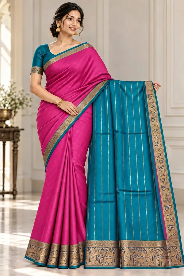 Pink_Teal_Border_Saree_For_Women