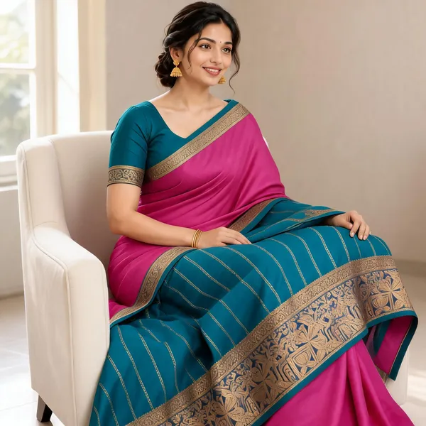 Pink_Teal_Border_Saree_For_Women