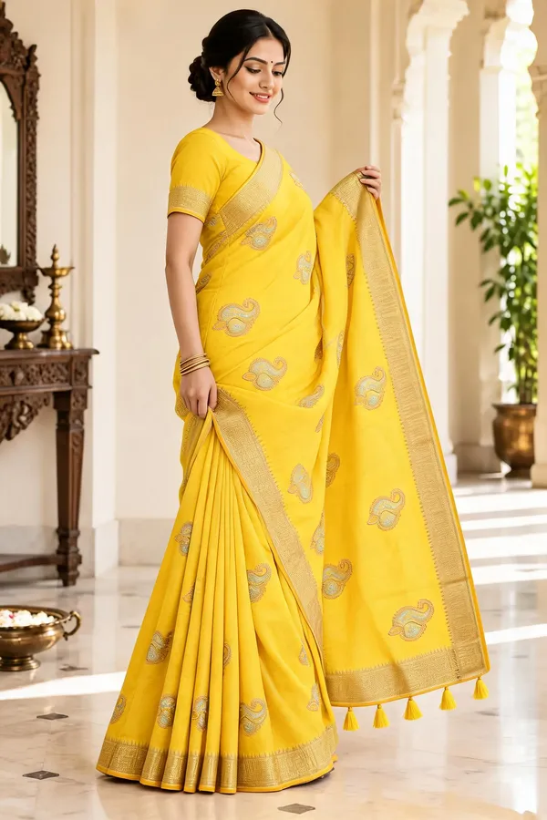 Yellow_Paisley_Print_Saree_For_Women