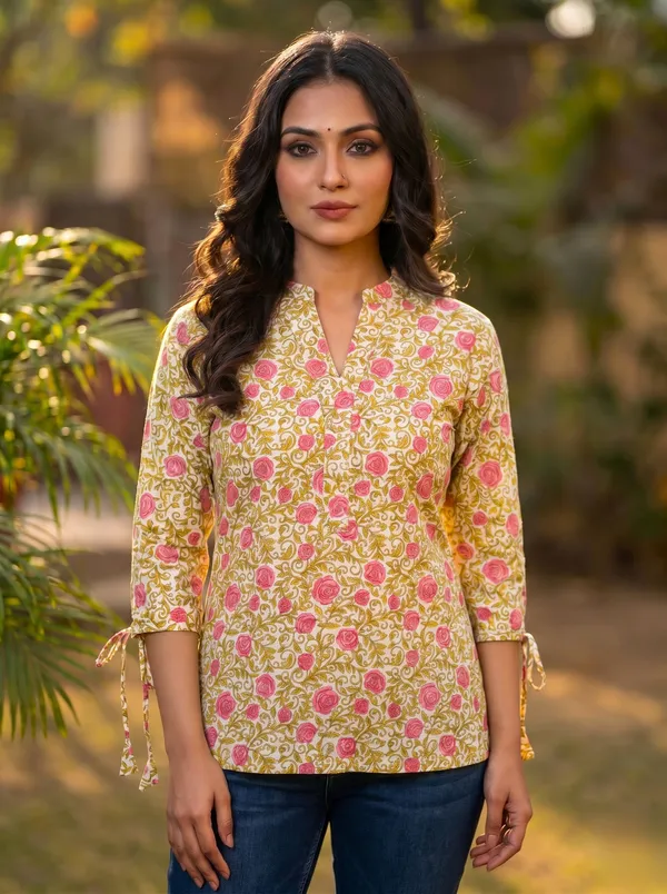 Multicolour_Cotton_Jaipuri_Floral_Print_Short_Kurti_For_Women