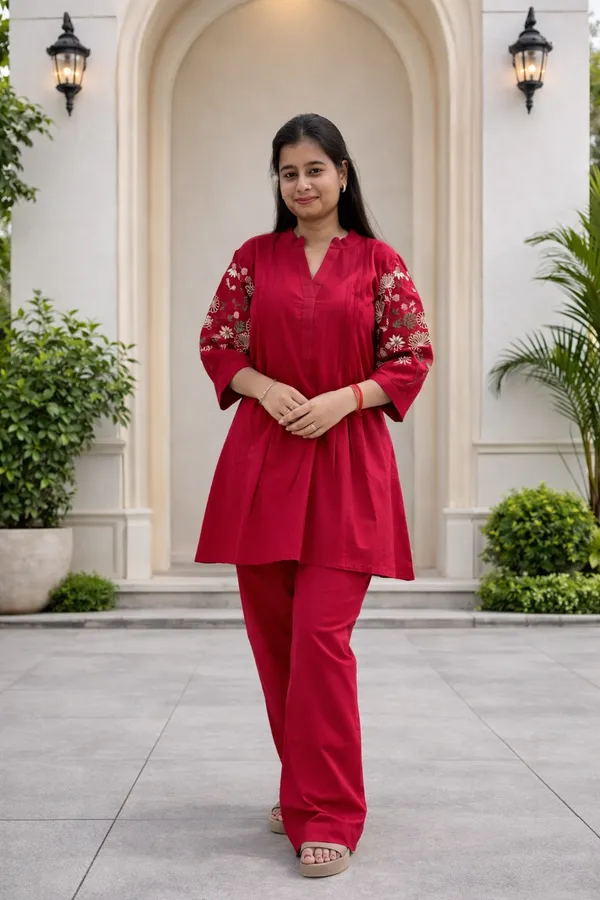 Red_Cotton_Co_Ord_Set_For_Women