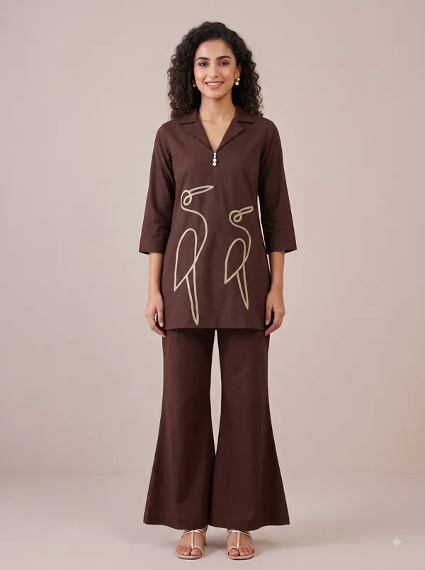 Chocolate_Brown_Cotton_Bird_Embroidered_Co_Ord_Set_For_Women