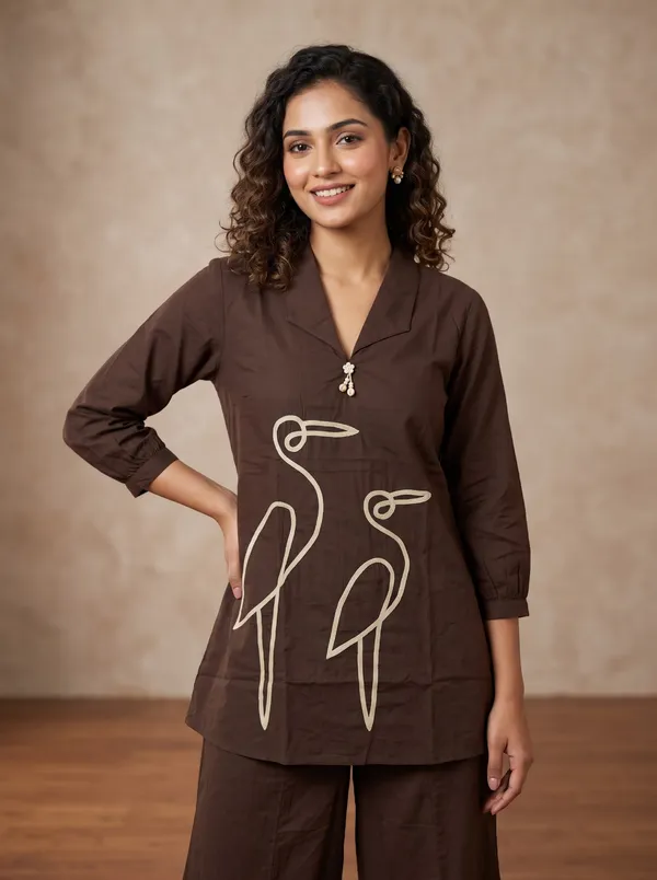 Chocolate_Brown_Cotton_Bird_Embroidered_Co_Ord_Set_For_Women