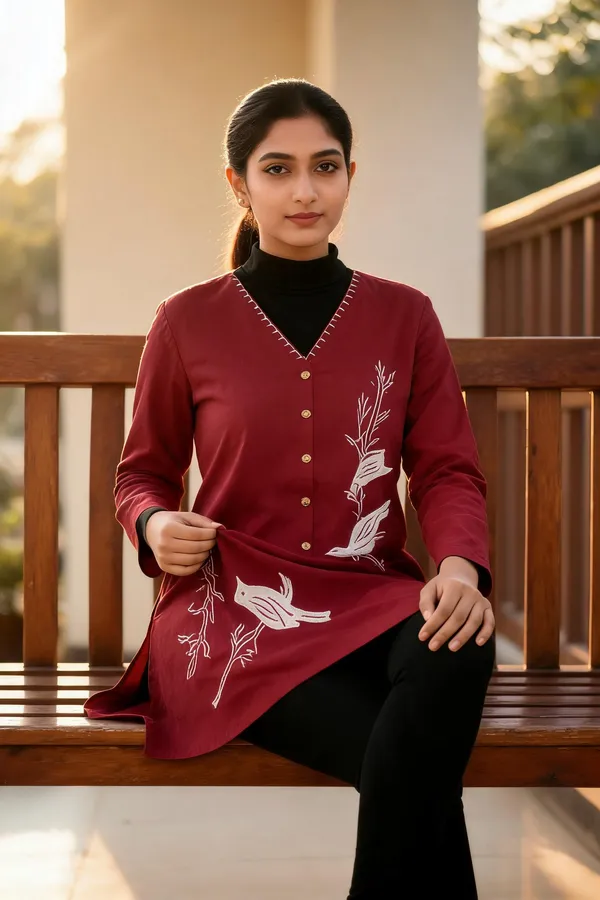 Maroon_Cotton_Embroidered_Kurta_For_Women