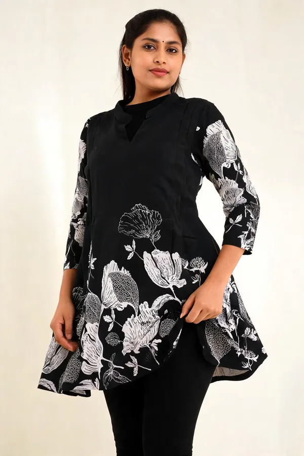Black_Cotton_Flared_Floral_Print_Kurti_For_Women