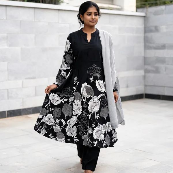 Black_Cotton_Flared_Floral_Print_Kurti_For_Women