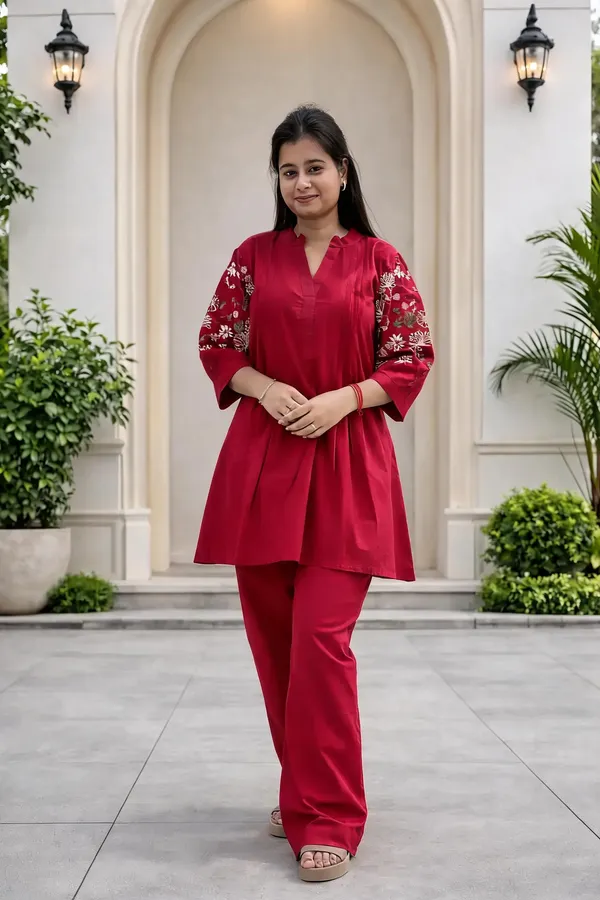 Red_Cotton_Co_Ord_Set_For_Women