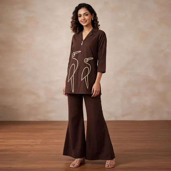 Chocolate_Brown_Cotton_Bird_Embroidered_Co_Ord_Set_For_Women