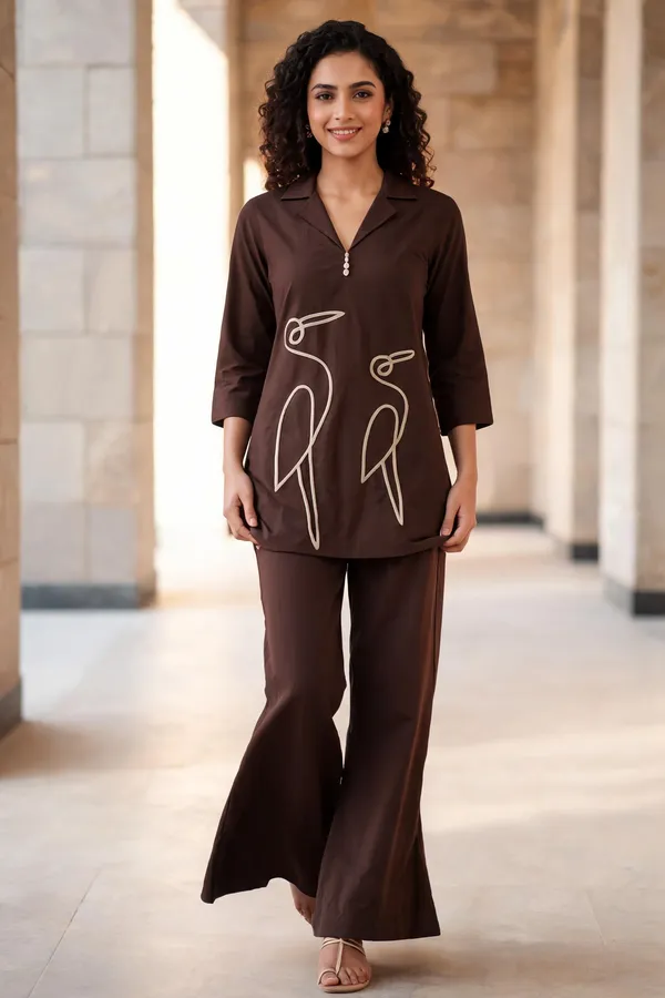 Chocolate_Brown_Cotton_Bird_Embroidered_Co_Ord_Set_For_Women