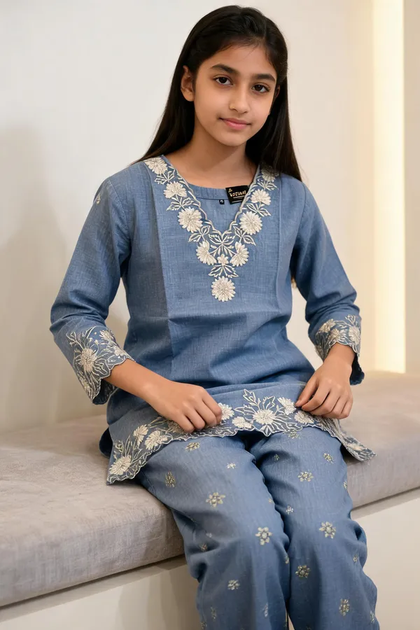 Blue_Cotton_Floral_Embroidered_Kurta_Set_For_Girls