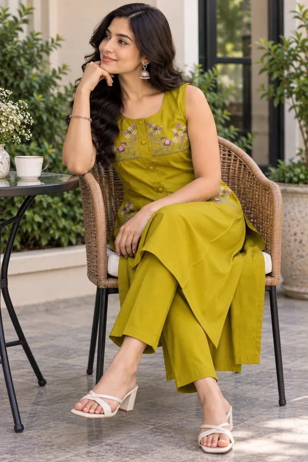 Mustard_Dabu_Cotton_Sleeveless_Kurta_Set_For_Women