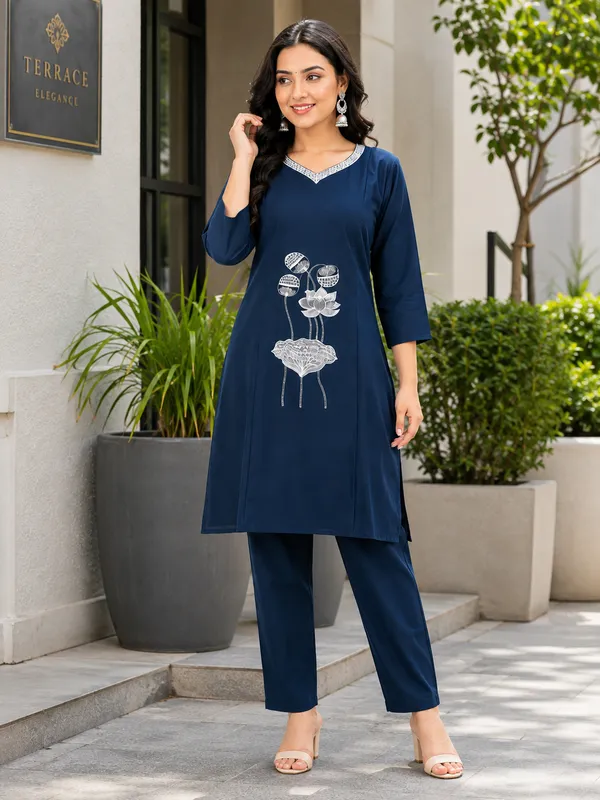 Navy_Blue_Dabu_Cotton_Kurta_Pant_Set_For_Women