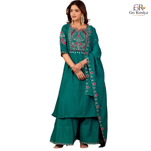 Teal_Two_Tone_Roman_Straight_Kurta_Set_For_Women