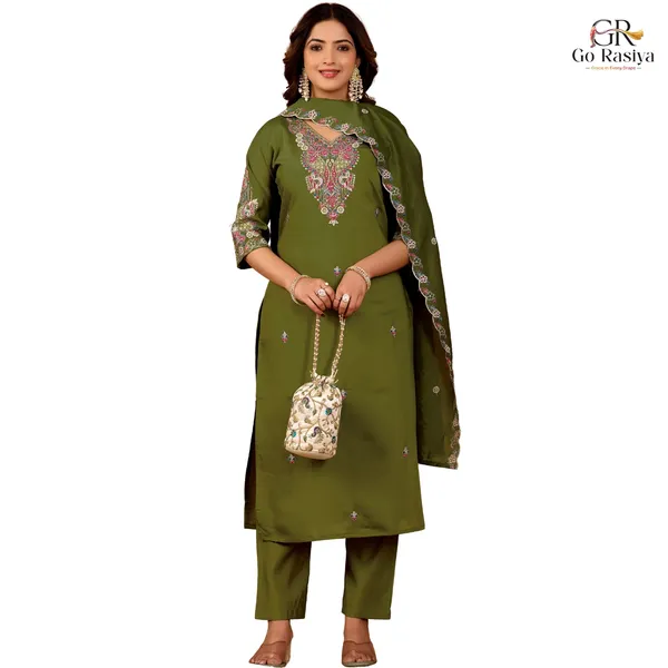 Olive_Green_Roman_Silk_Kurta_Set_For_Women