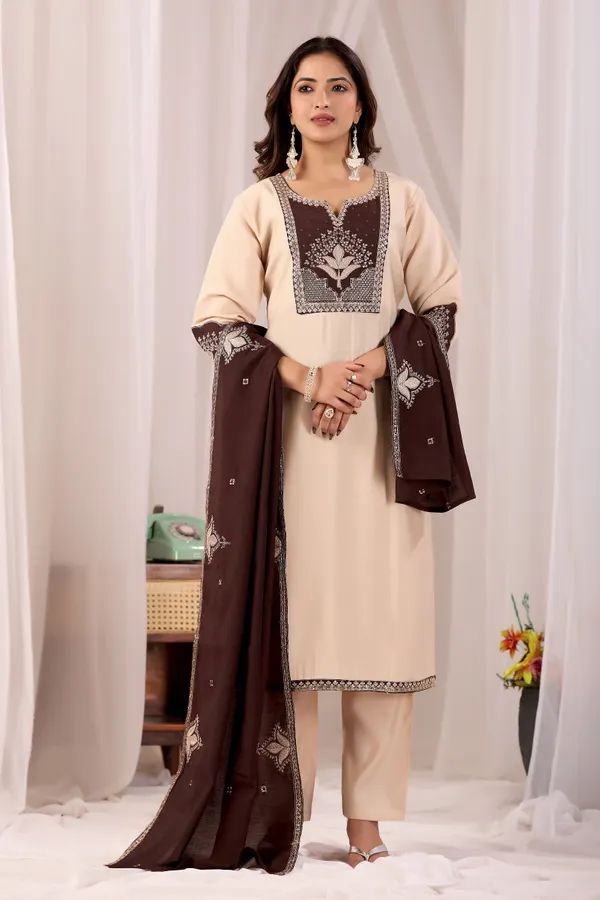 Beige_Roman_Silk_Straight_Kurta_Set_For_Women