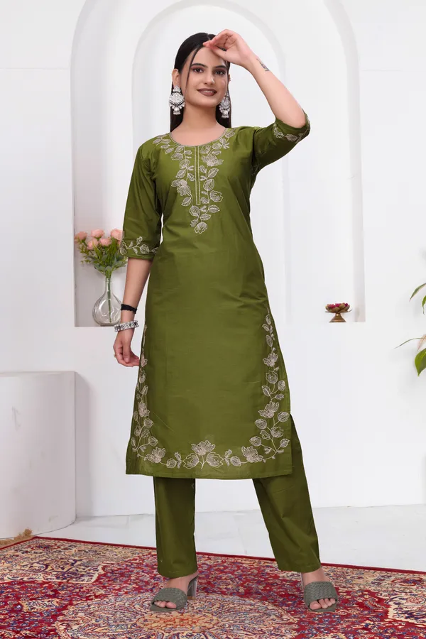 Olive_Green_Dabu_Cotton_Straight_Kurta_Set_For_Women