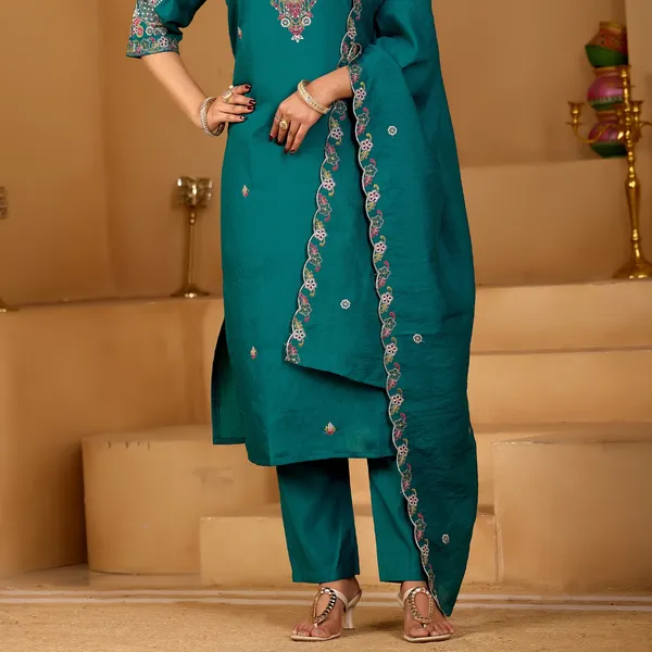 Teal_Roman_Silk_Kurta_Set_For_Women