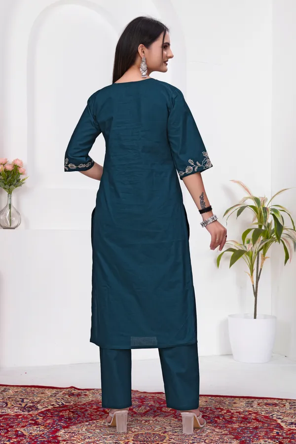 Teal_Dabu_Cotton_Straight_Kurta_Set_For_Women