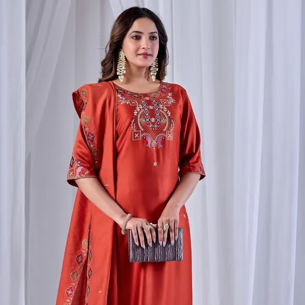 Red_Gaji_Cotton_Kurta_With_Dupatta_For_Women