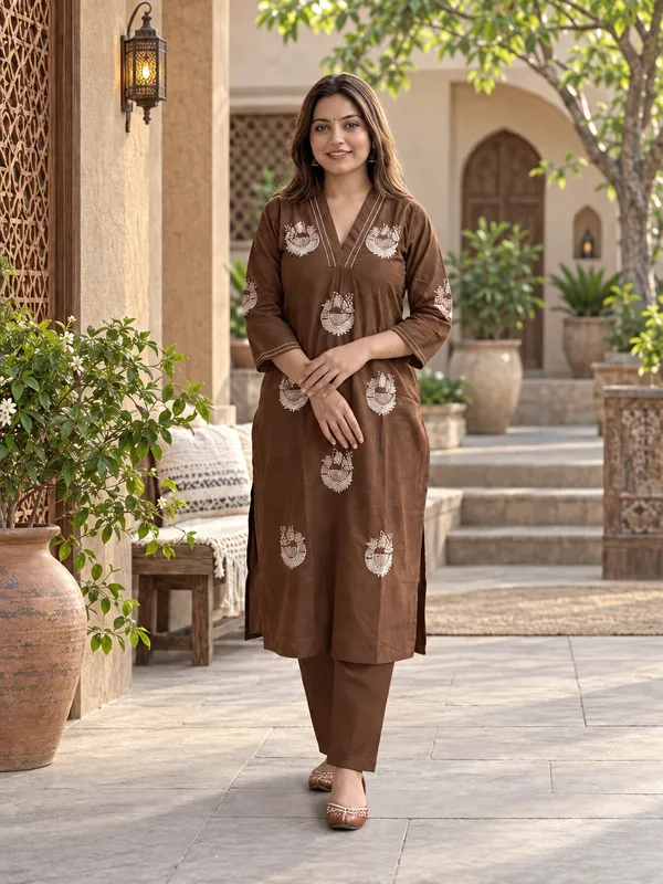 Brown_Dabu_Cotton_Straight_Kurta_Set_For_Women