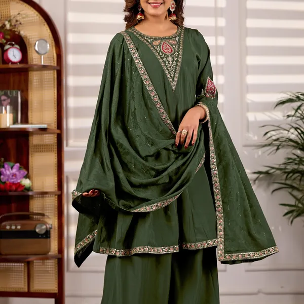 Green_Roman_Silk_Kurta_With_Dupatta_For_Women