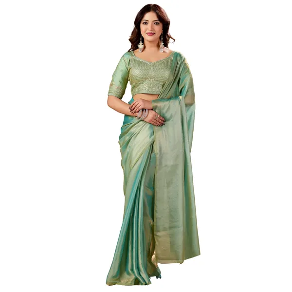 Mint_Green_Fancy_Satin_Saree_With_Blouse_For_Women