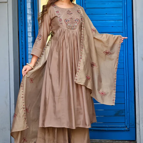 Beige_Roman_Silk_Anarkali_Kurta_Set_With_Dupatta_For_Women
