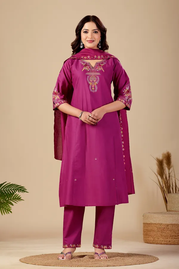 Magenta_Cambric_Cotton_Straight_Kurta_Set_For_Women