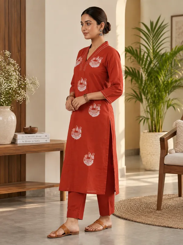 Red_Dabu_Cotton_Straight_Kurta_Set_For_Women