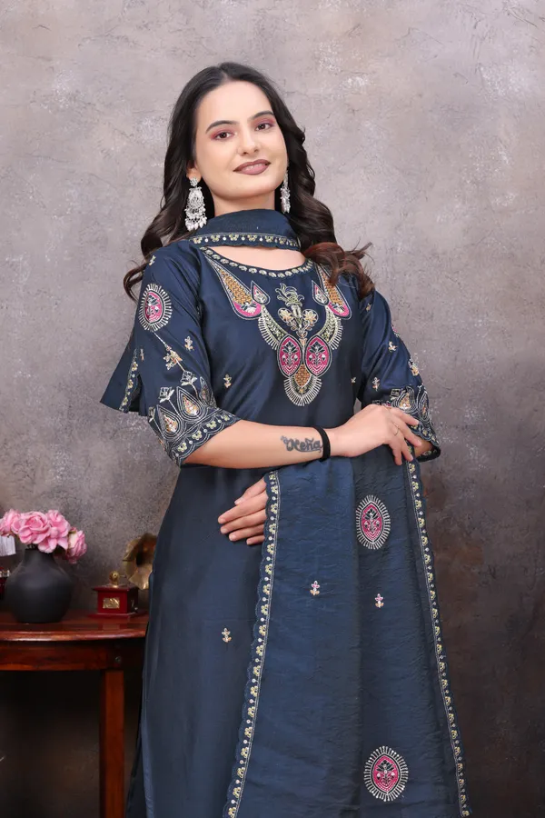 Navy_Gaji_Silk_Kurta_Set_For_Women
