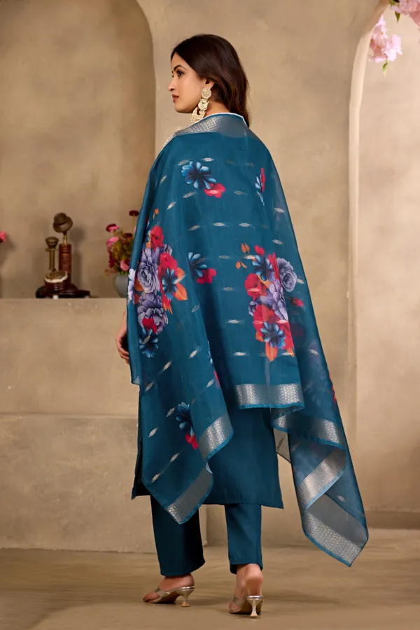 Teal_Rayon_Jacquard_Kurta_Set_For_Women