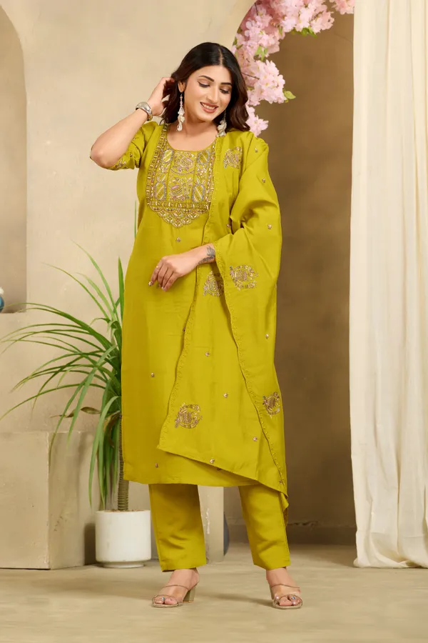 Olive_Green_Roman_Silk_Straight_Kurta_Set_For_Women
