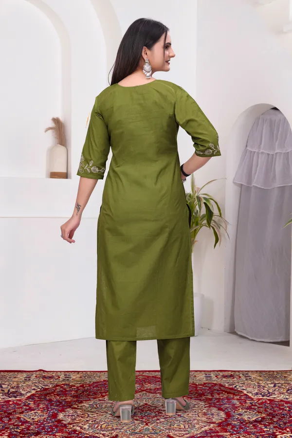 Olive_Green_Dabu_Cotton_Straight_Kurta_Set_For_Women
