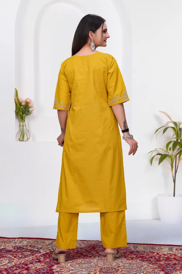 Mustard_Dabu_Cotton_Straight_Kurta_Set_For_Women