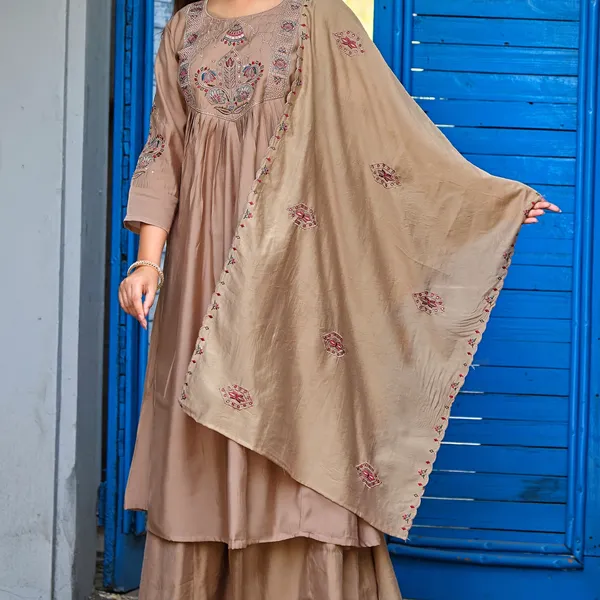 Beige_Roman_Silk_Anarkali_Kurta_Set_With_Dupatta_For_Women