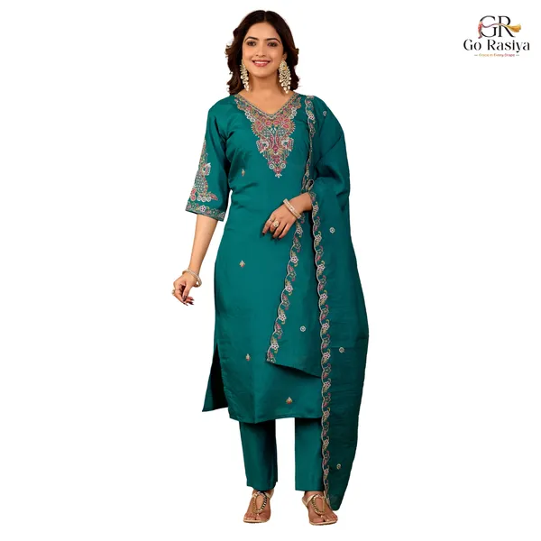 Teal_Roman_Silk_Kurta_Set_For_Women