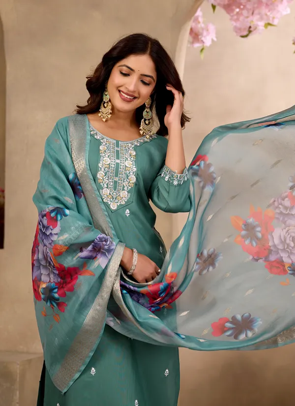 Teal_Rayon_Jacquard_Straight_Kurta_Set_For_Women