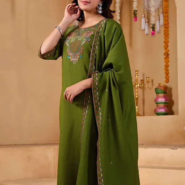 Olive_Green_Two_Tone_Roman_Straight_Kurta_Set_For_Women