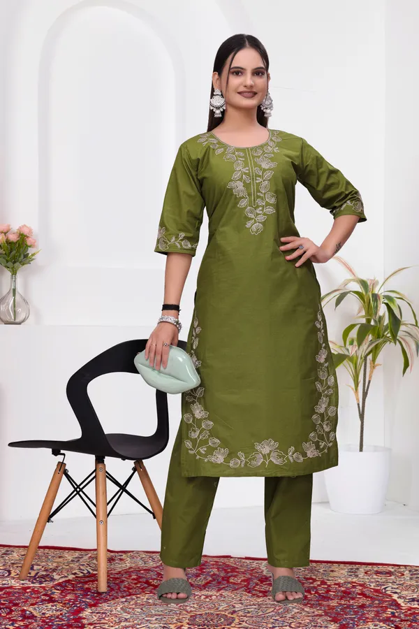 Olive_Green_Dabu_Cotton_Straight_Kurta_Set_For_Women