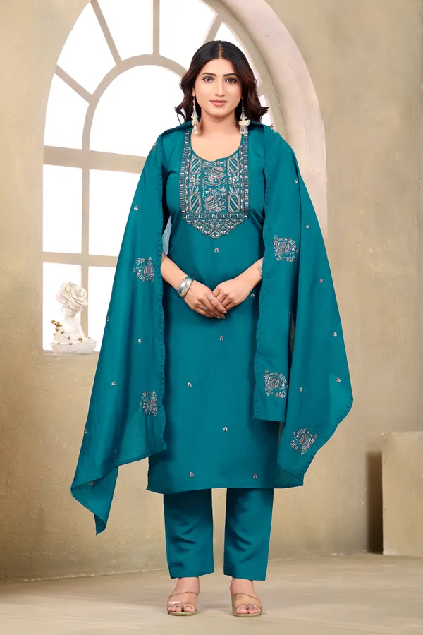 Teal_Roman_Silk_Straight_Kurta_Set_For_Women