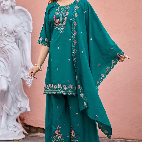 Teal_Roman_Silk_Straight_Kurta_Set_For_Women
