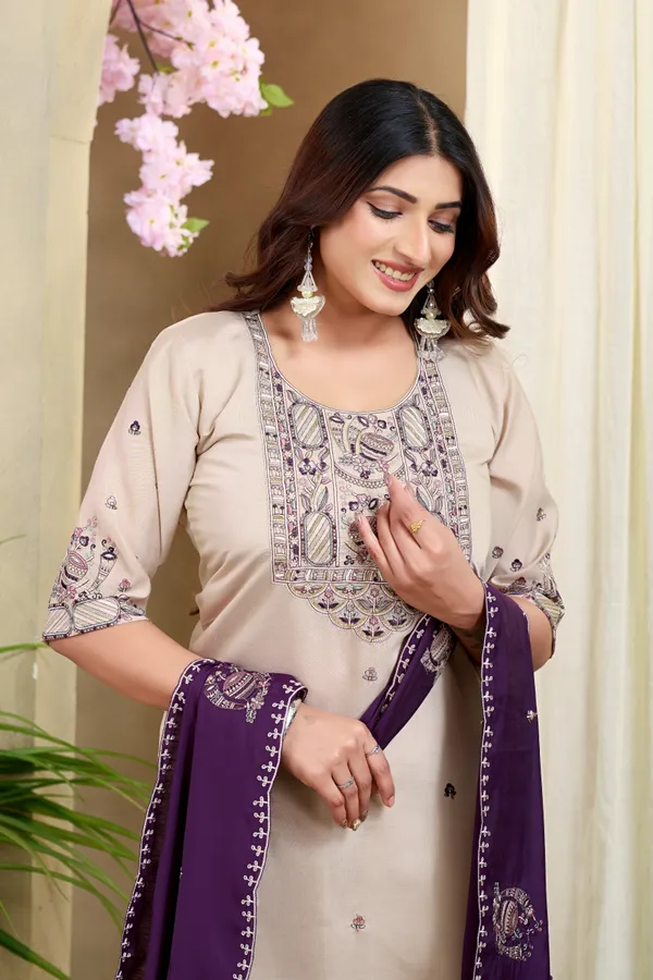 Beige_&_Purple_Roman_Silk_Kurta_Pant_Dupatta_Set_For_Women